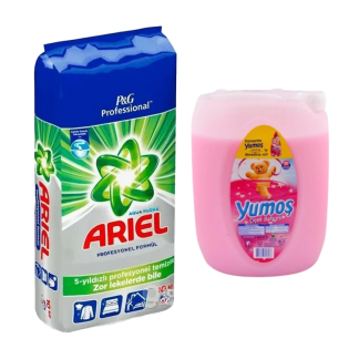 Pachet Ariel pudra 10 kg+ Balsam Yumos 5L Roz