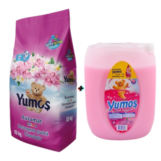 Pachet detergent Yumos pudra 10 kg + Balsam Yumos roz 5L