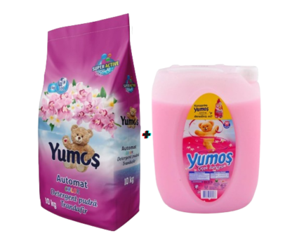Pachet detergent Yumos pudra 10 kg + Balsam Yumos roz 5L