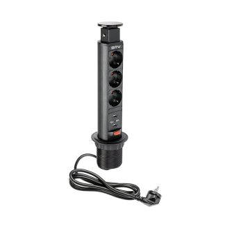 Priza incastrabila TURN 3xSchuko, 2xUSB, cablu 1.5 ml, 60 mm, negru