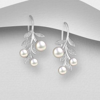 Cercei Frunza din argint Sterling 925 cu perle de apa dulce si diamante simulate