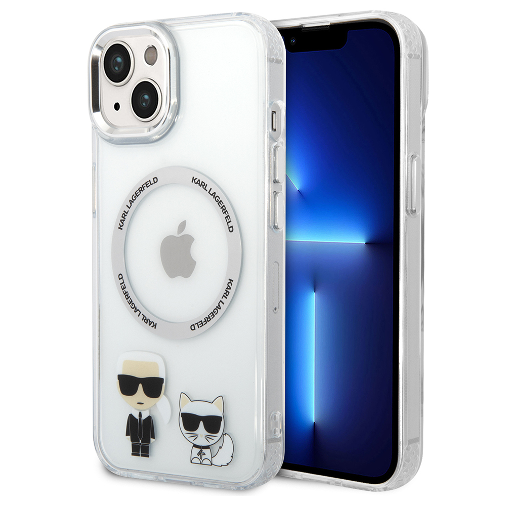 Husa iPhone 15 Plus / iPhone 14 Plus - Karl Lagerfeld Hardcase MagSafe (KLHMP14MHKCT) - Transparent Karl & Choupette Aluminium 1 Husa iPhone 15 Plus / iPhone 14 Plus - Karl Lagerfeld Hardcase MagSafe (KLHMP14MHKCT) - Transparent Karl & Choupette Aluminium