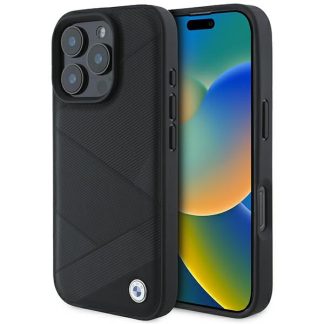 Home 3 Husa pentru iPhone 16 Pro - BMW Natural Sign Leather Crossing Lines Pattern (BMHCP16L23RCGPK) - Black