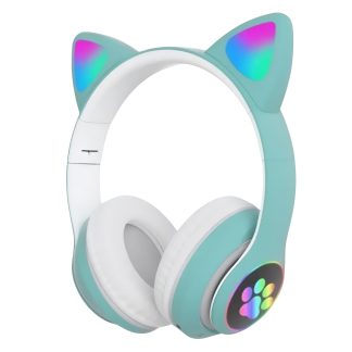 Sunix BLT 44 Casti Over-Ear Wireless pentru Copii cu Design Urechi de Pisica, lumini LED, Bluetooth si microfon integrat - Verde