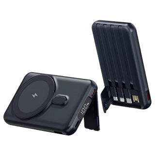 Power Bank Magnetic 4-in-1 Shaza SG1503/WT, MB10000, MagSafe, Wireless, Fast Charging, 22.5W, 4 Cabluri Integrate, USB-C, PDs - Negru